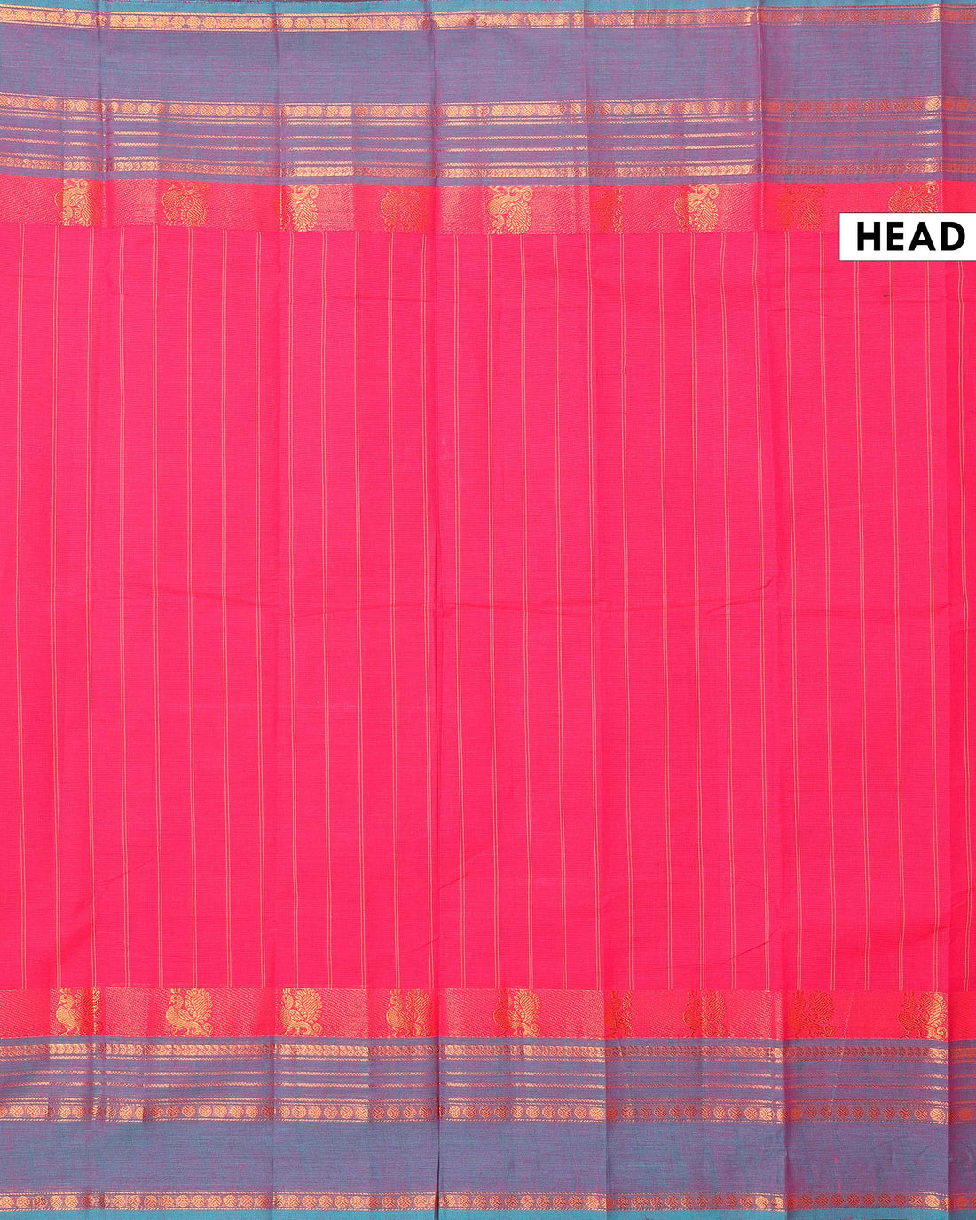 Traditional Chettinad Cotton Saree with Stripe Body and Peacock Motif Border - Pink