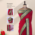 Red Mangalagiri Cotton Saree With Ornate Gold Zari Border And Green Contrast Edge - Draped Front View
