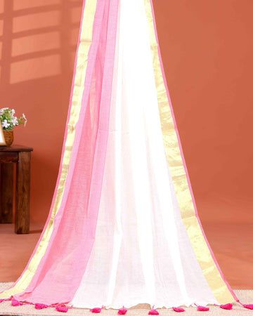 Handwoven Mul Mul Cotton Saree with Tassel Detailing and Contrasting Border - White