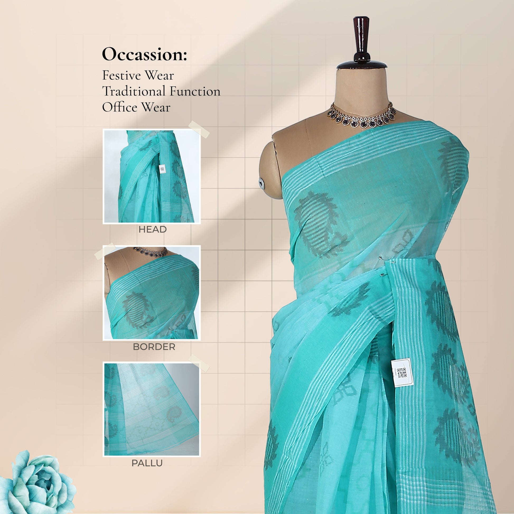 Bengal Cotton Saree With Woven Floral Jaal Motifs In Aqua  Blue Folded Close Up View With Striped Border Detail