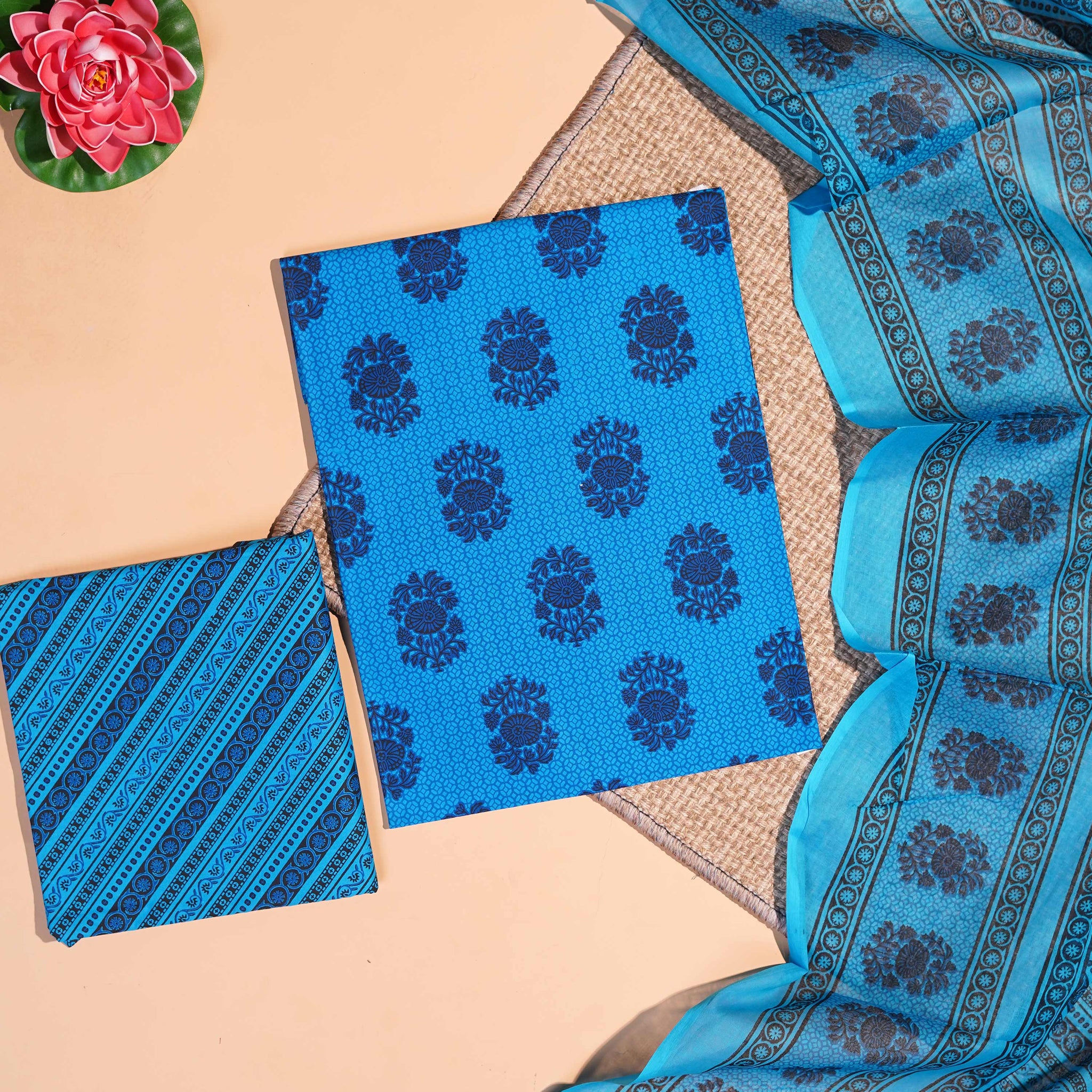 Women's Unstitched Cotton Printed Salwar with Dupatta  - Blue