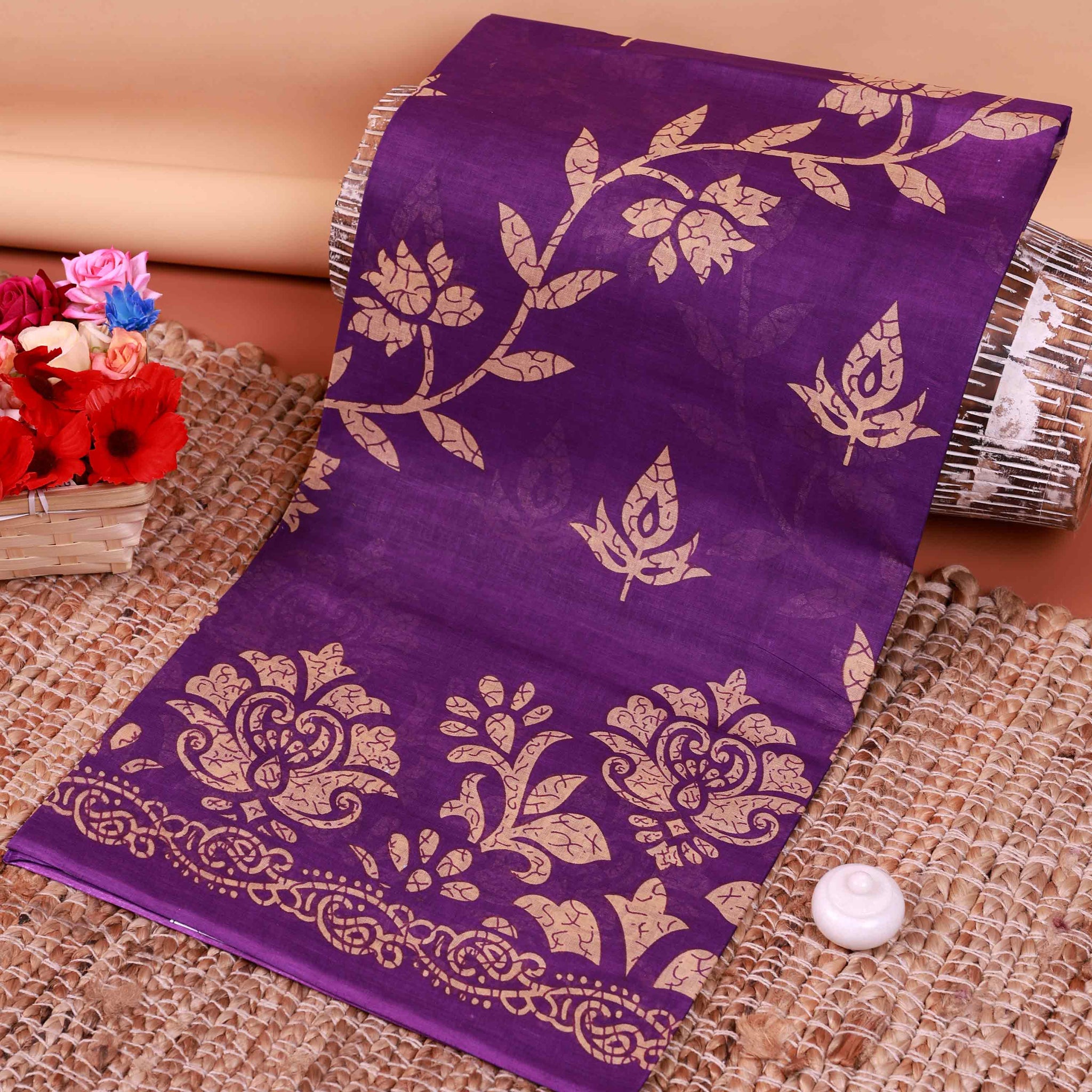 All-Over Floral Printed Voile Saree with Intricate Contrast Border – Violet