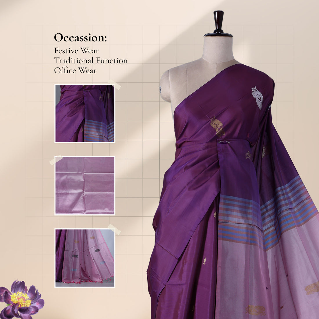 Wine Banana Pith Semi Silk Saree for Women | Wedding & Festive occasion | Jeyachandran - Full View