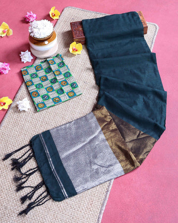 Handloom Traditional Khadi Cotton Saree with Woven Border and Contrast Printed Blouse Piece - Dark Teal