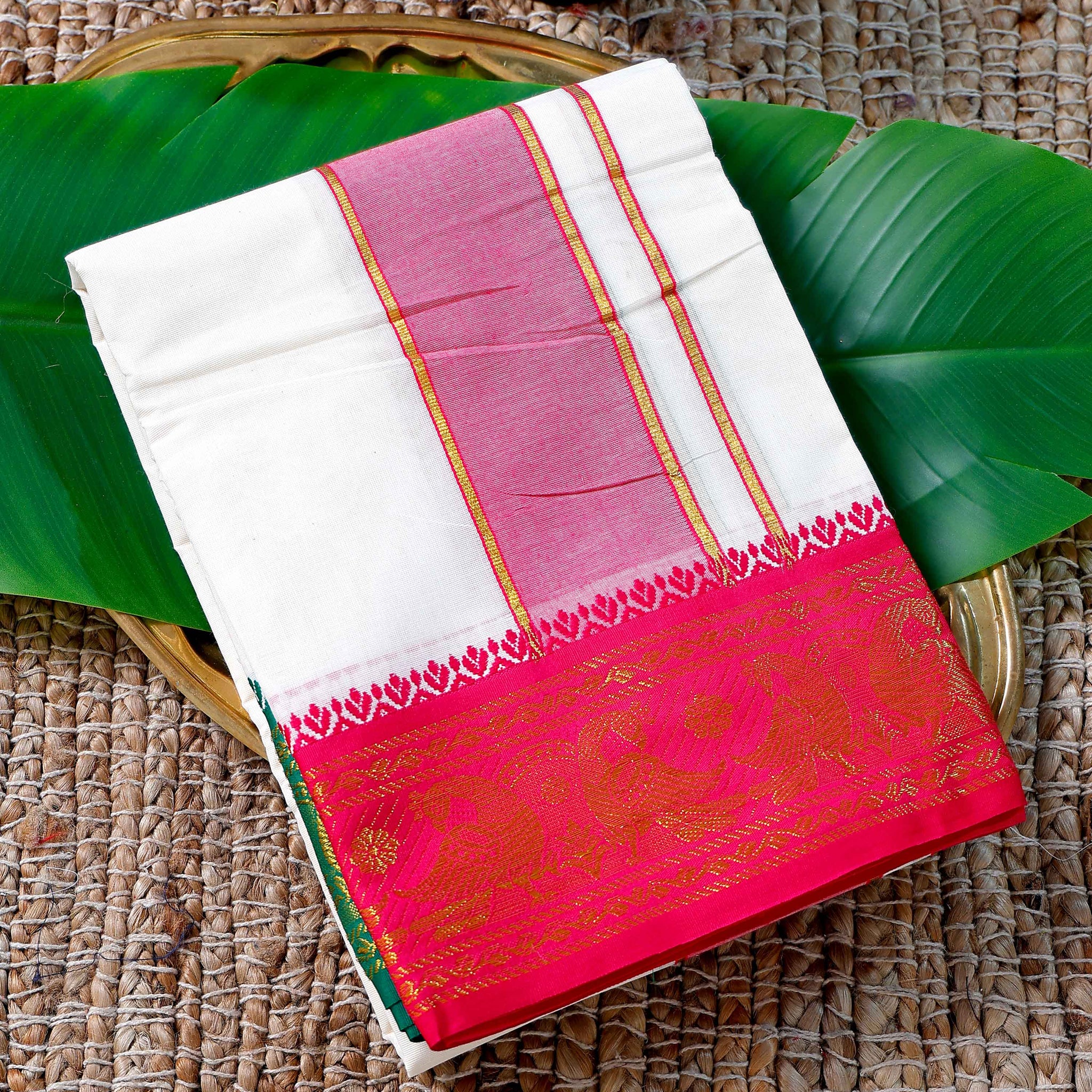 Men’s Cotton Dhoti with Pink Colour Border - White