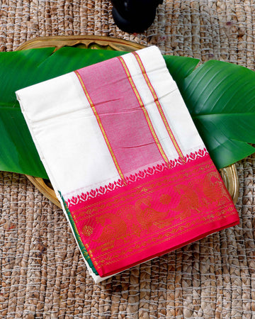 Men’s Cotton Dhoti with Pink Colour Border - White