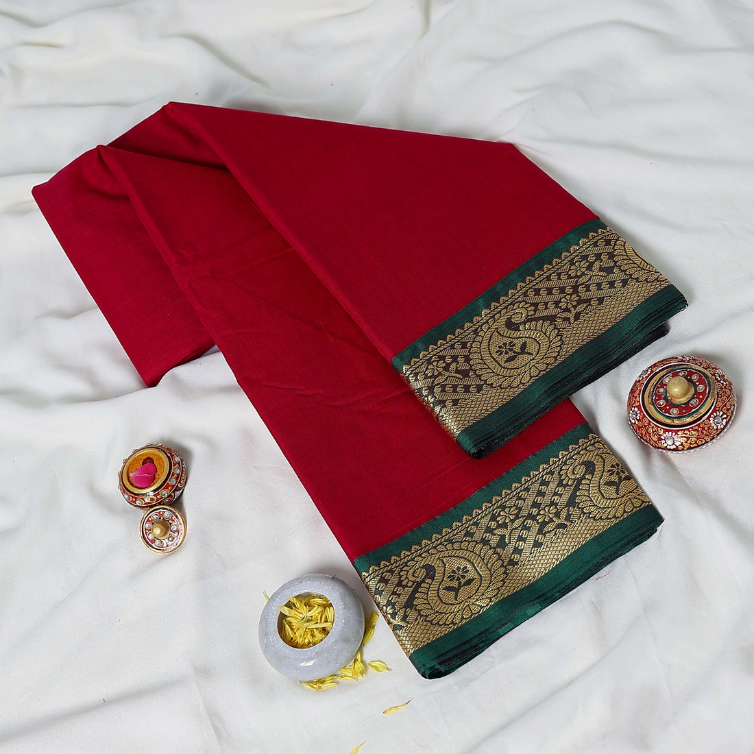 Red Mangalagiri Cotton Saree for Women | Festive Summer Collection | Jeyachandran - Full View
