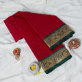 Red Mangalagiri Cotton Saree With Gold Zari Floral Border And Green Contrast Edge - Top Folded View