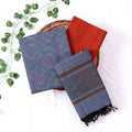 Cotton Salwar Material In Grey With Striped Pattern Orange Contrast Dupatta Flat Lay View