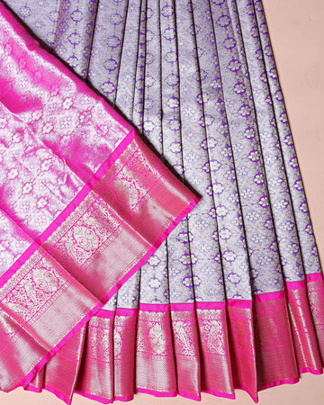 Traditional Kids Pattu Pavadai Material with All Over Floral Zari Weaving and Designer Border - Purple