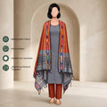Grey Cotton Salwar Material With Orange Contrast Dupatta, Striped Border And Tassel Detail, Illustrated Front View