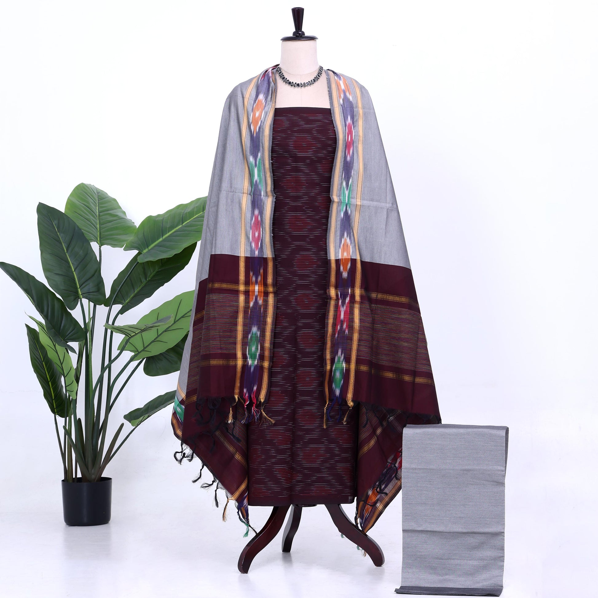 Cotton Salwar Material In Maroon With Striped Pattern Grey Contrast Dupatta Flat Lay View