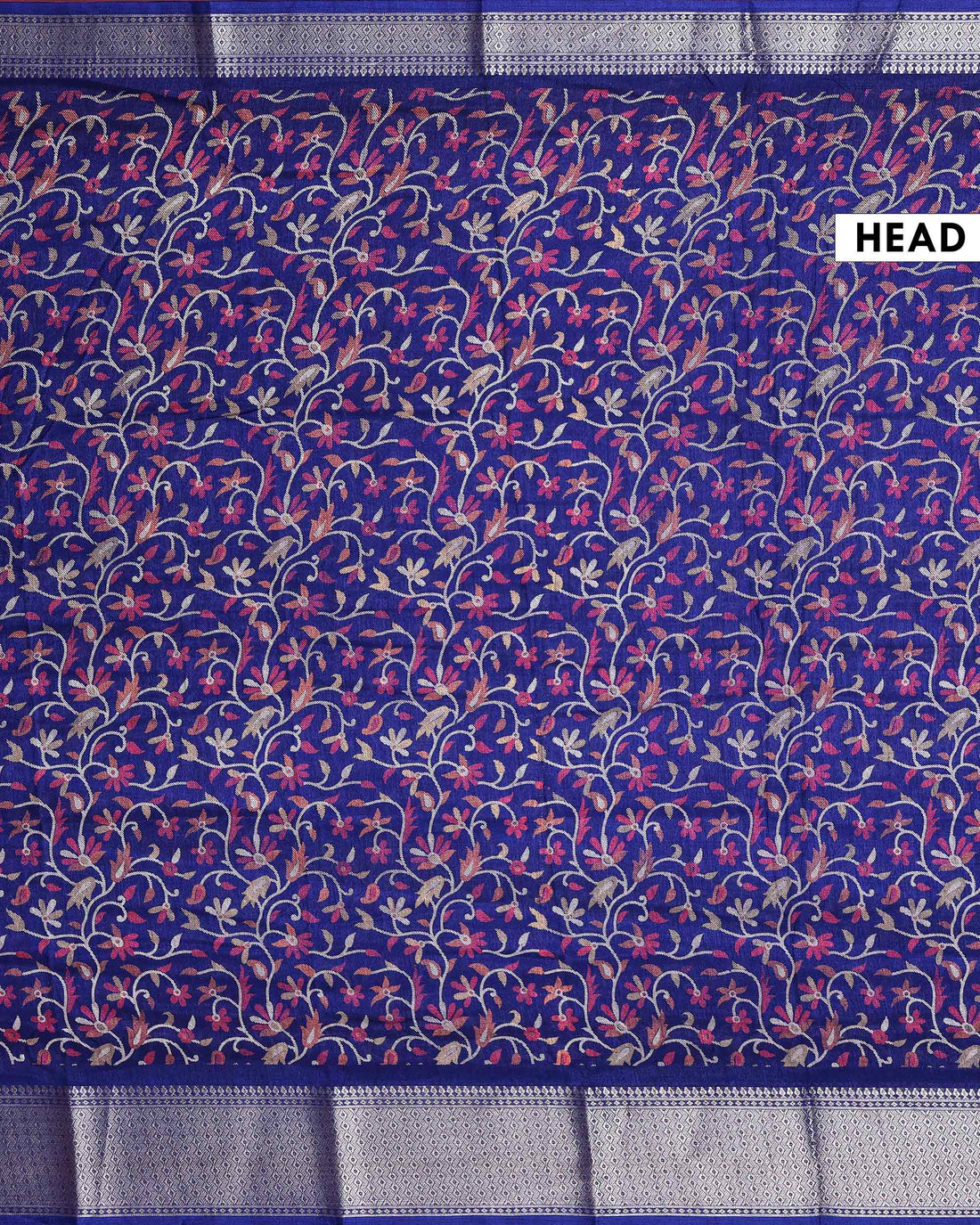 Elegant Dola Silk Saree with All-Over Floral Vine Weaving and Rich Traditional Zari Border with Contrast Pallu - Dark Blue