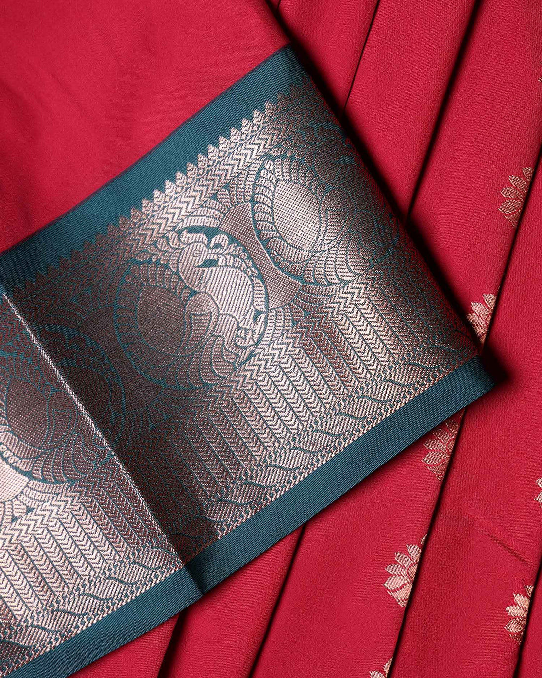 Traditional Kids Pattu Pavadai Material with Zari Floral Buttas and Contrast Peacock Jacquard Border - Red