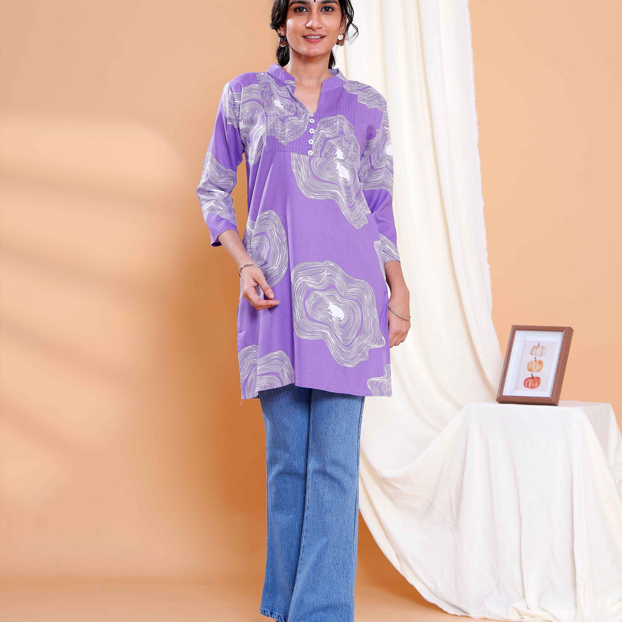 Purple Abstract Print Cotton Straight Kurti