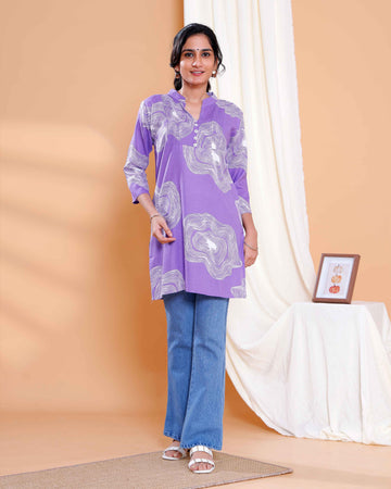 Purple Abstract Print Cotton Straight Kurti