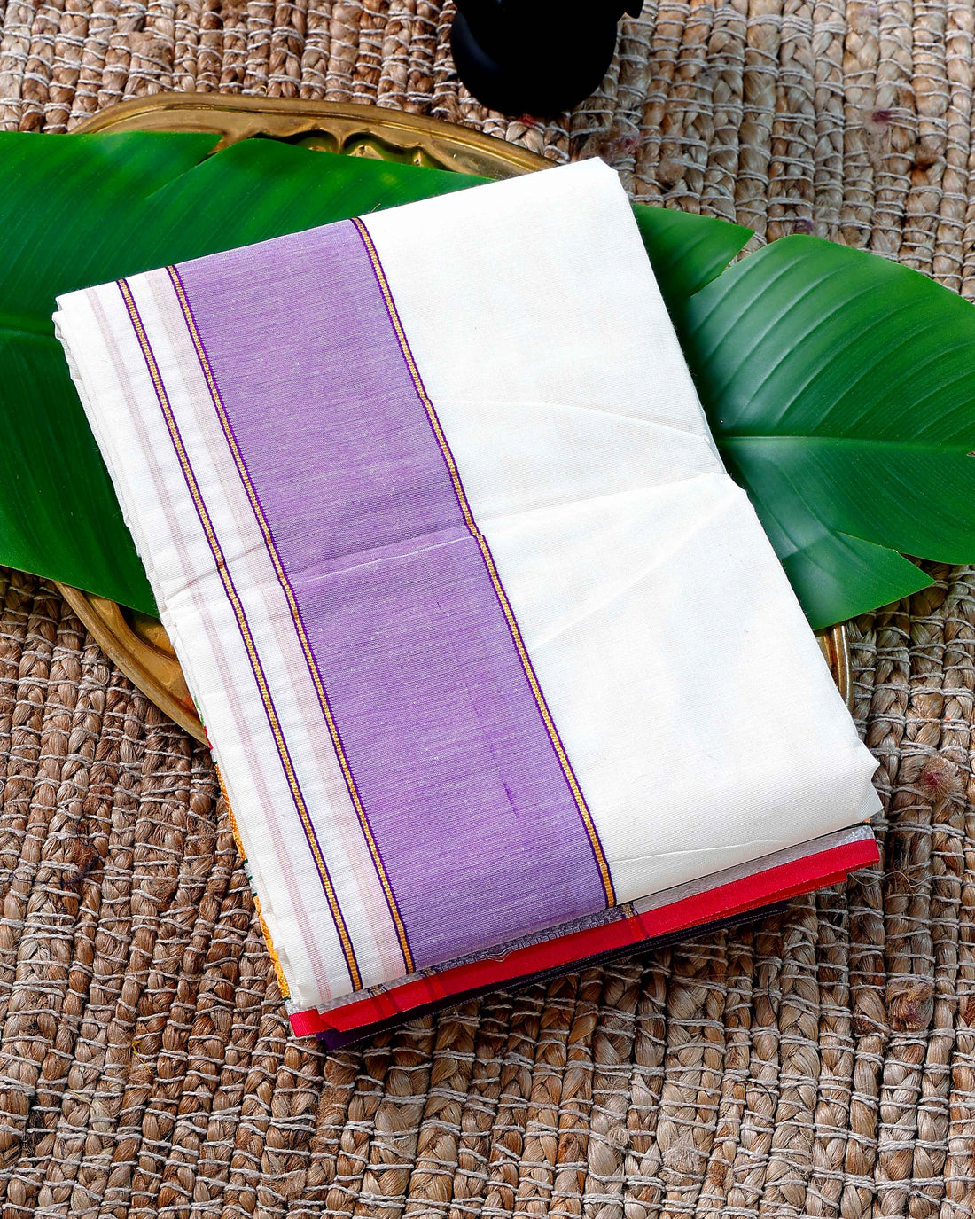 Men’s Cotton Dhoti with Violet Colour Border - White
