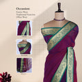 Purple Mangalagiri Cotton Saree With Ornate Gold Zari Border And Green Contrast Edge -  Draped Front View