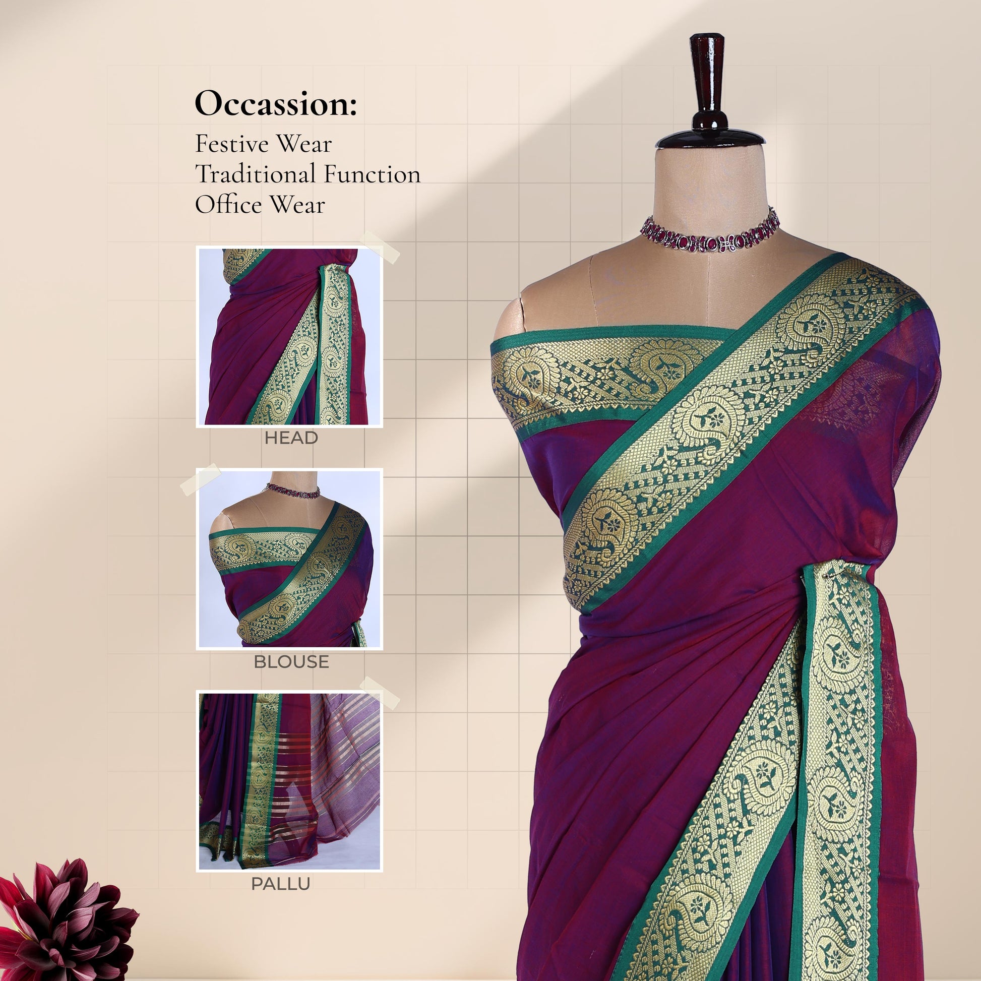 Purple Mangalagiri Cotton Saree With Ornate Gold Zari Border And Green Contrast Edge -  Draped Front View