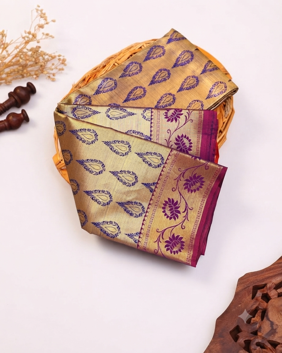Exquisite Kanchipuram Pure Silk Saree with Intricate Zari Motifs and Contrast Border - Gold