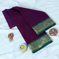 Purple Mangalagiri Cotton Saree With Gold Zari Floral Border And Green Contrast Edge -Top Folded View