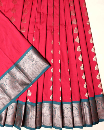 Traditional Kids Pattu Pavadai Material with Zari Floral Buttas and Contrast Peacock Jacquard Border - Red