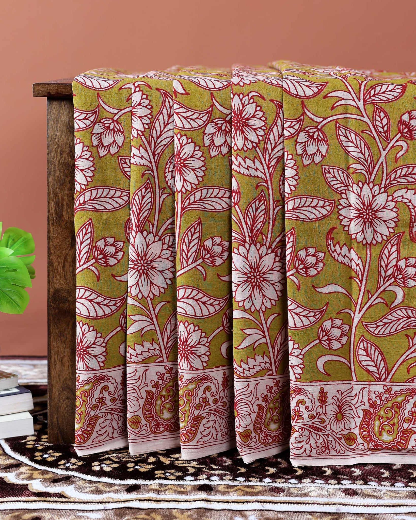 Traditional Kalamkari Cotton Saree with All-Over Floral Prints and Traditional Border - Green