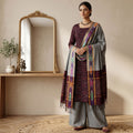 Maroon Cotton Salwar Material With Striped Weave Grey Dupatta And Striped Border Front View