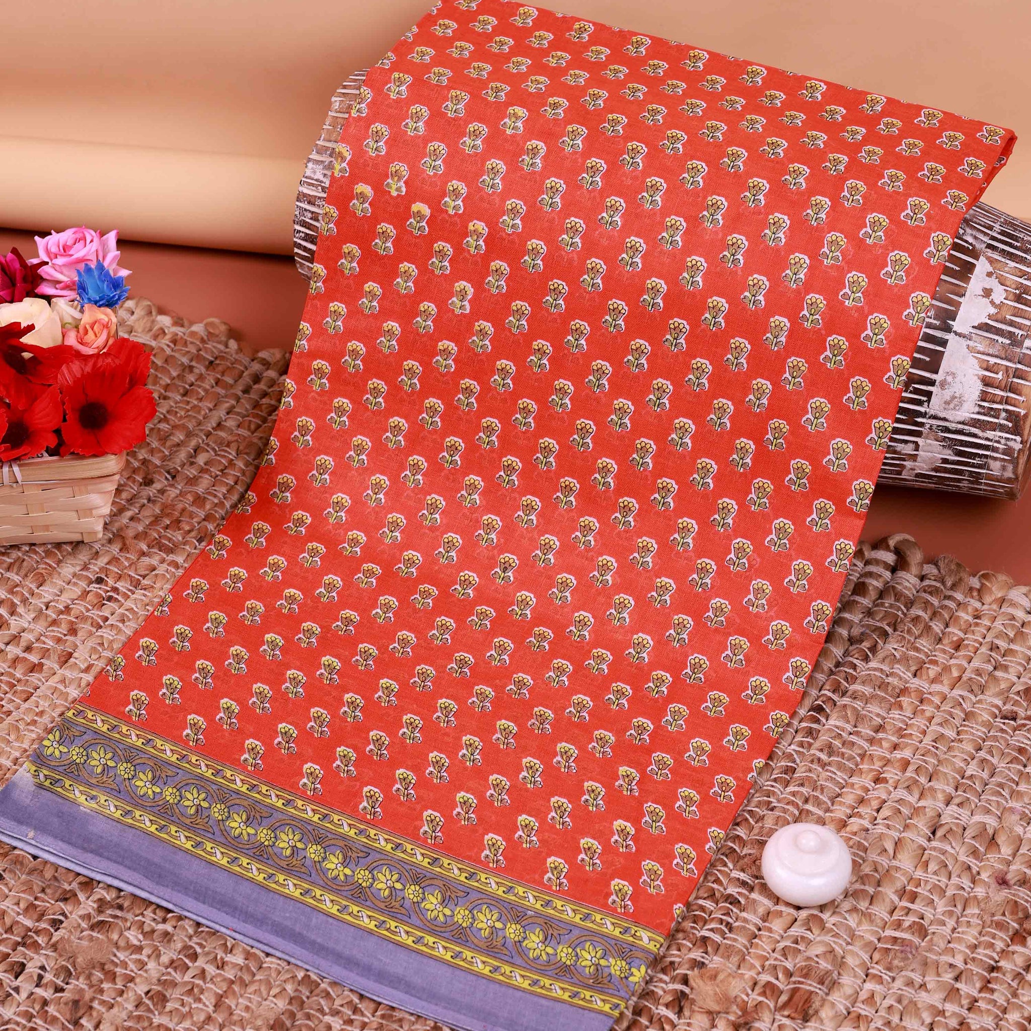 All-Over Floral Printed Voile Saree with Intricate Contrast Border – Orange