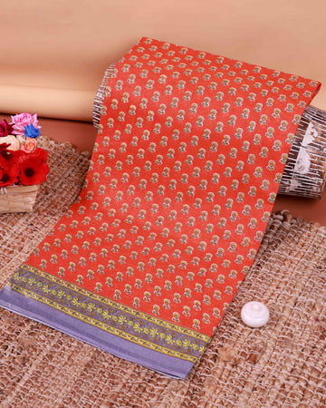 All-Over Floral Printed Voile Saree with Intricate Contrast Border – Orange