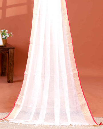 Handwoven Mul Mul Cotton Saree with Tassel Detailing and Contrasting Border - White
