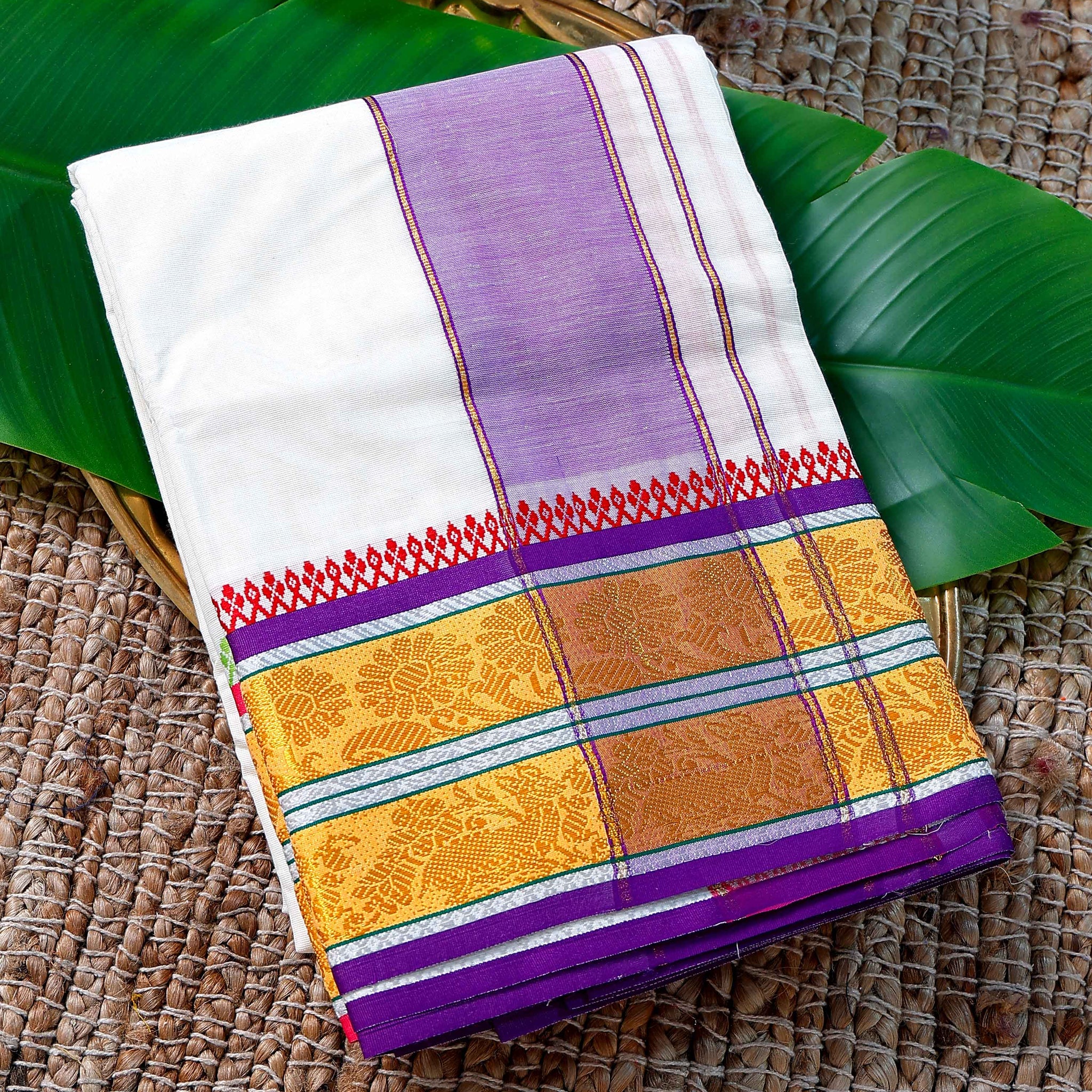 Men’s Cotton Dhoti with Violet Colour Border - White