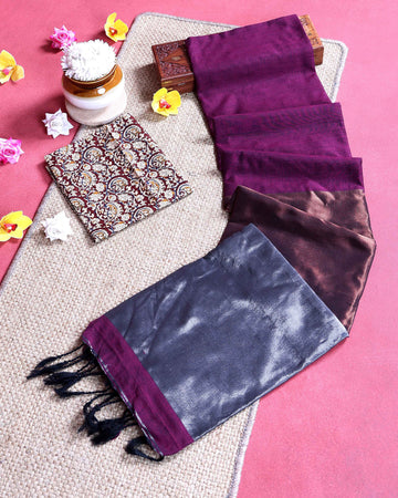 Handloom Traditional Khadi Cotton Saree with Woven Border and Contrast Printed Blouse Piece - Purple