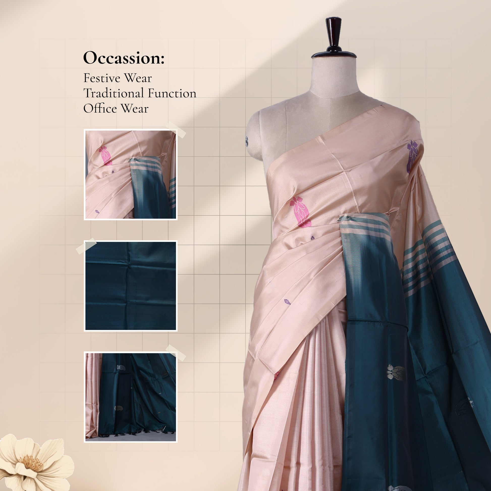 Banana Pith Saree in Peach with Teal Pallu and Intricate Gold Zari Border