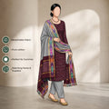 Maroon Cotton Salwar Material With Grey Contrast Dupatta Striped Border And Tassel Detail Illustrated Front View