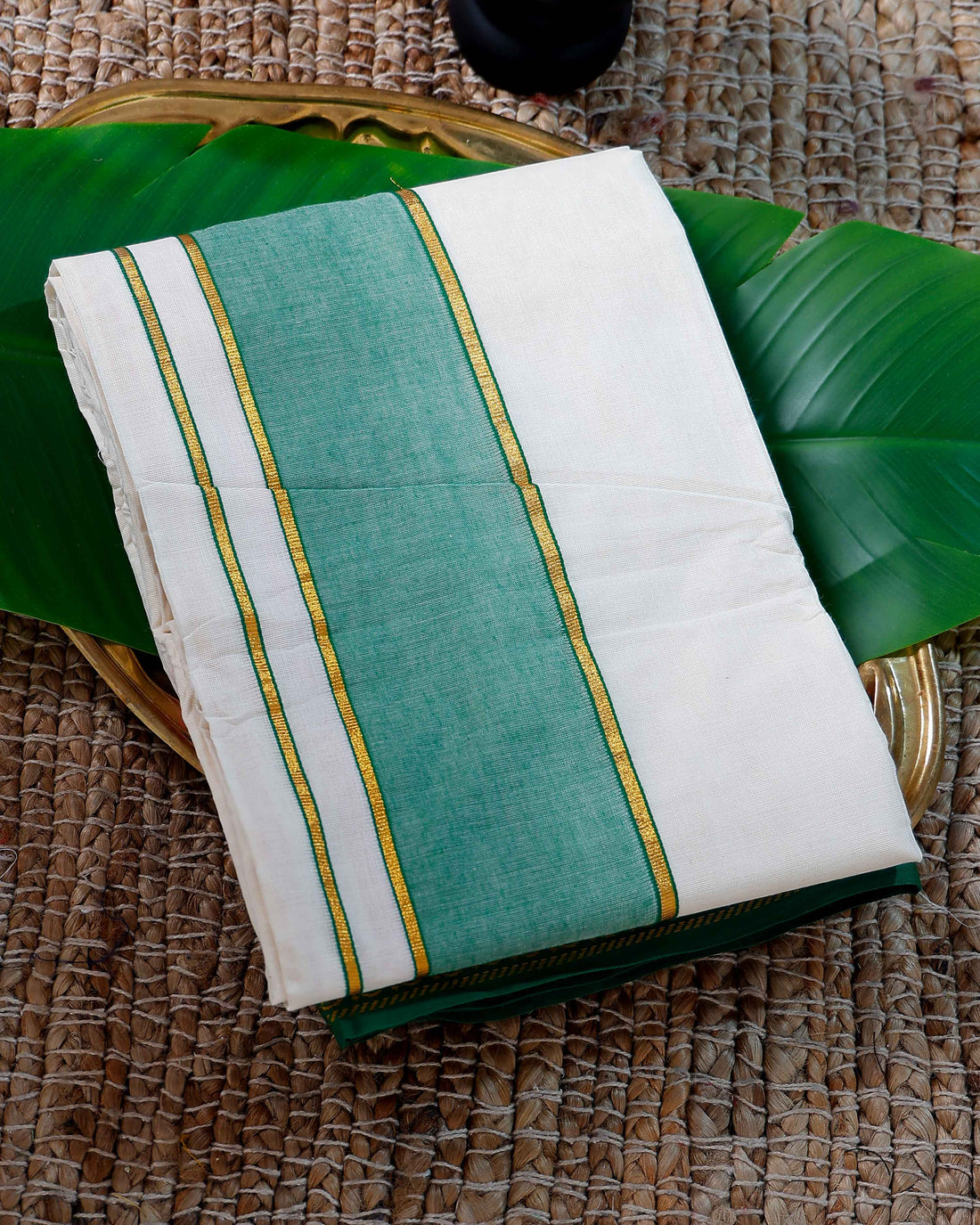 Men’s Cotton Dhoti with Green Colour Border - White