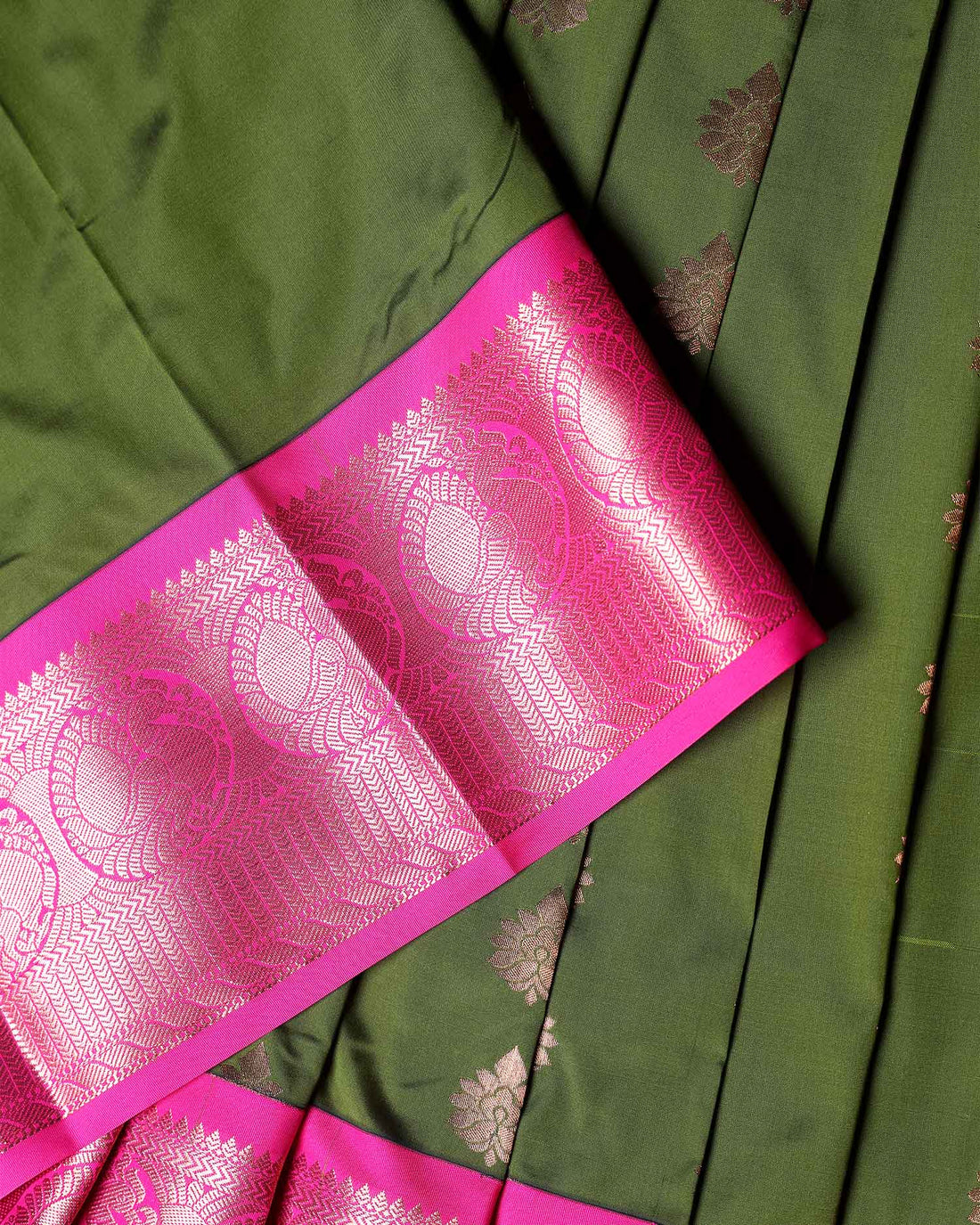 Traditional Kids Pattu Pavadai Material with Zari Floral Buttas and Contrast Peacock Jacquard Border - Green