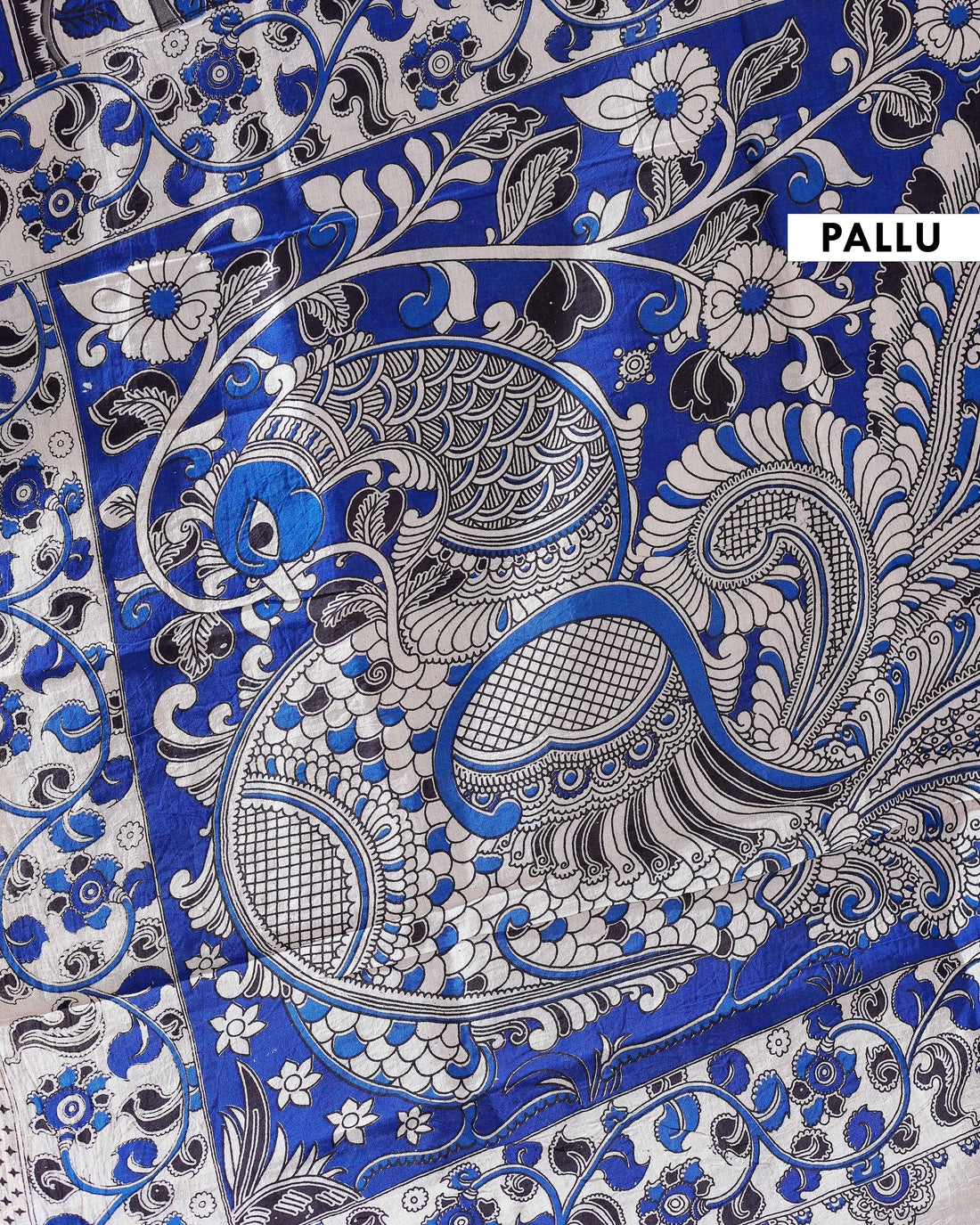 Traditional Handloom Kalamkari Cotton Saree with Intricate Floral and Avian Motifs - Blue