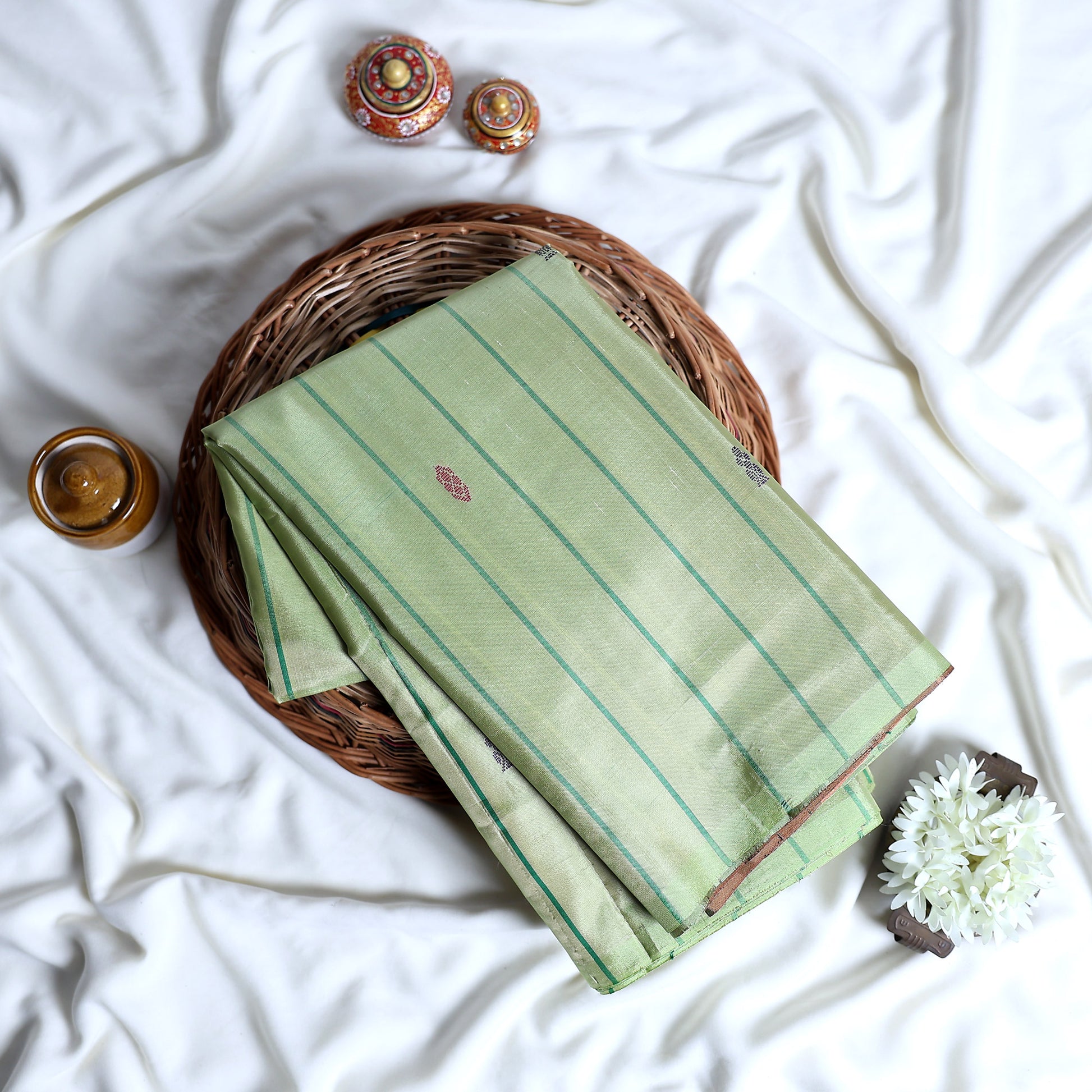 Banana Pith Saree in Green with Subtle Stripes and Elegant Woven Details