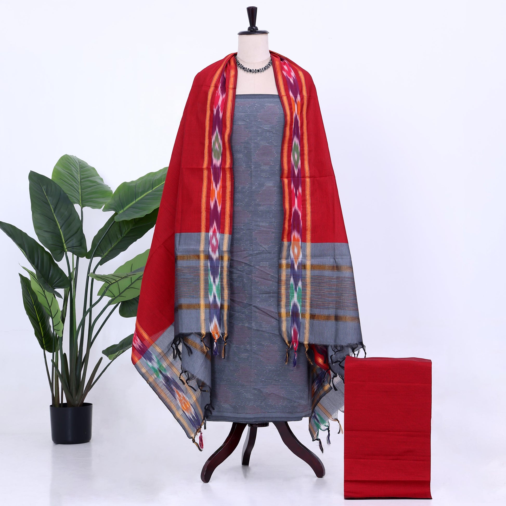 Light Grey Cotton Unstitched Salwar Material for Women | Ethnic Summer Collection | Jeyachandran - Full View
