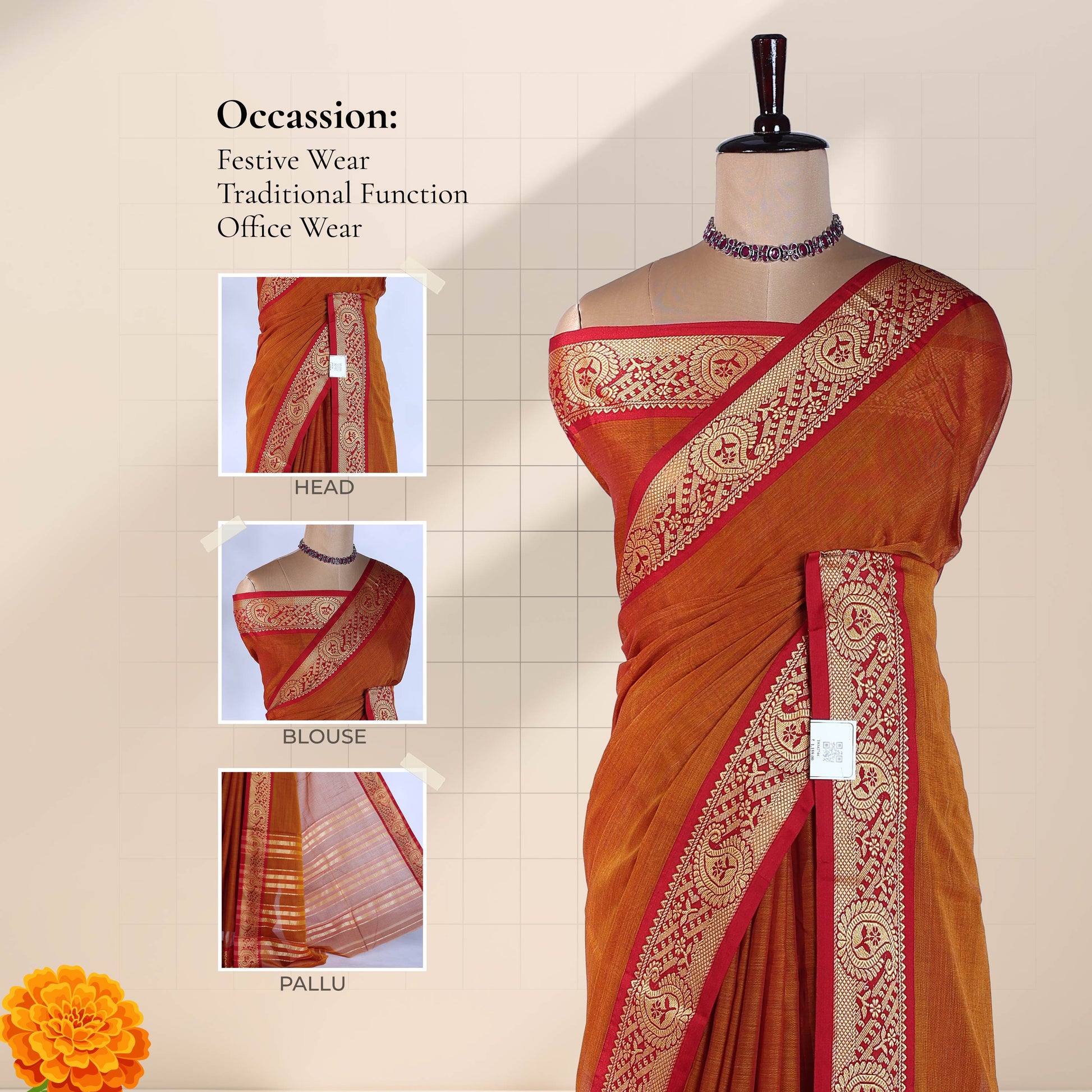 Orange Mangalagiri Cotton Saree With Ornate Gold Zari Border And Red Contrast Edge -  Draped Front View
