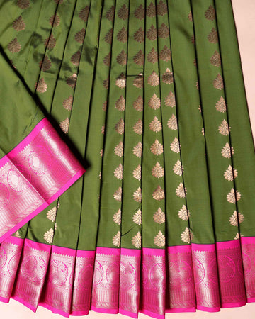 Traditional Kids Pattu Pavadai Material with Zari Floral Buttas and Contrast Peacock Jacquard Border - Green