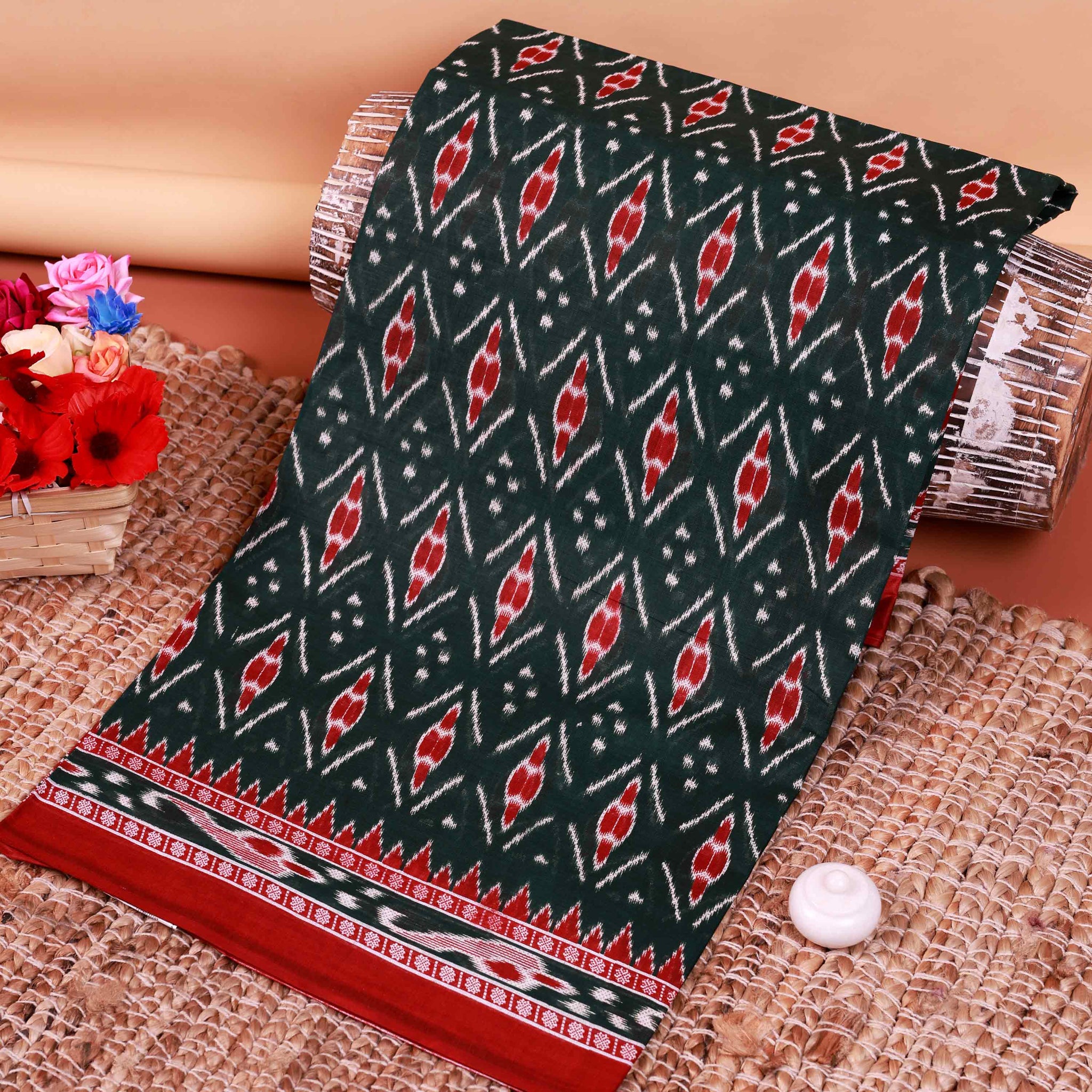 All-Over Floral Printed Voile Saree with Intricate Contrast Border – Green