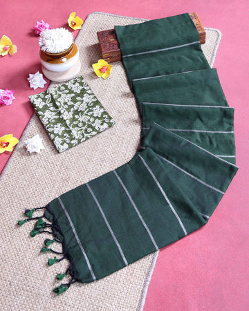 Traditional Khadi Cotton Saree with Woven Stripe Border and Contrast Printed Blouse Piece - Dark Green