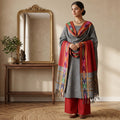 Light Grey Cotton Salwar Material With Striped Weave Red Dupatta And Striped Border Front View