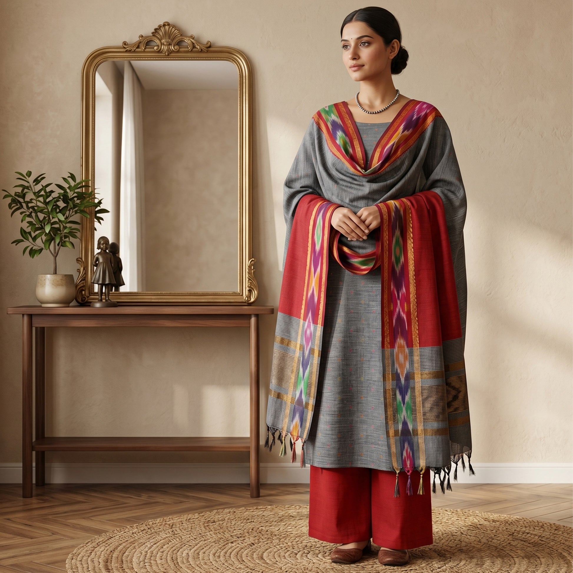 Light Grey Cotton Salwar Material With Striped Weave Red Dupatta And Striped Border Front View
