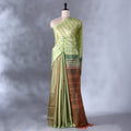Green Banana Pith Saree with Striped Pattern and Woven Border - Full View