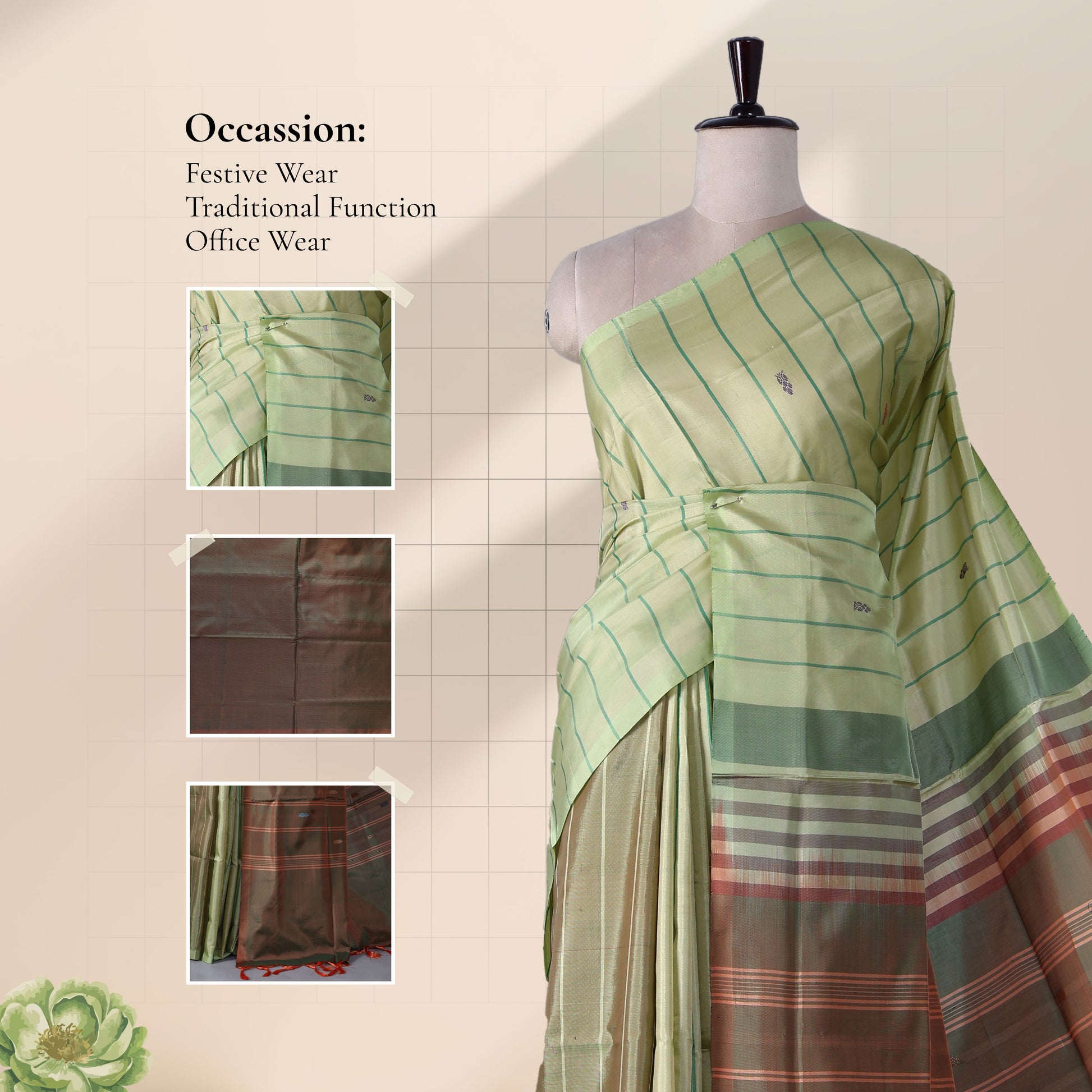 Light Green Banana Pith Saree with Striped Design and Contrast Border