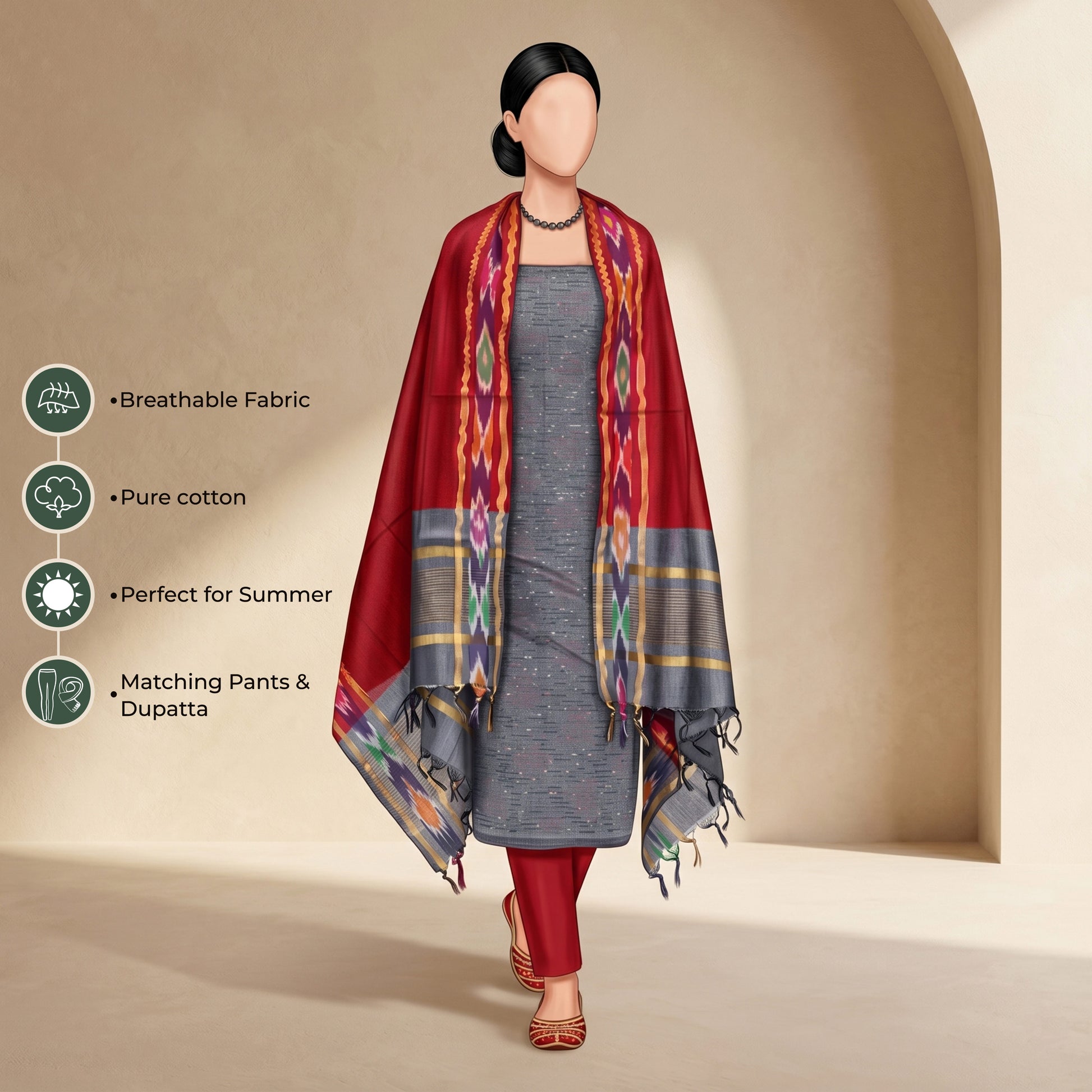 Light Grey Cotton Salwar Material With Red Contrast Dupatta Striped Border And Tassel Detail Illustrated Front View

