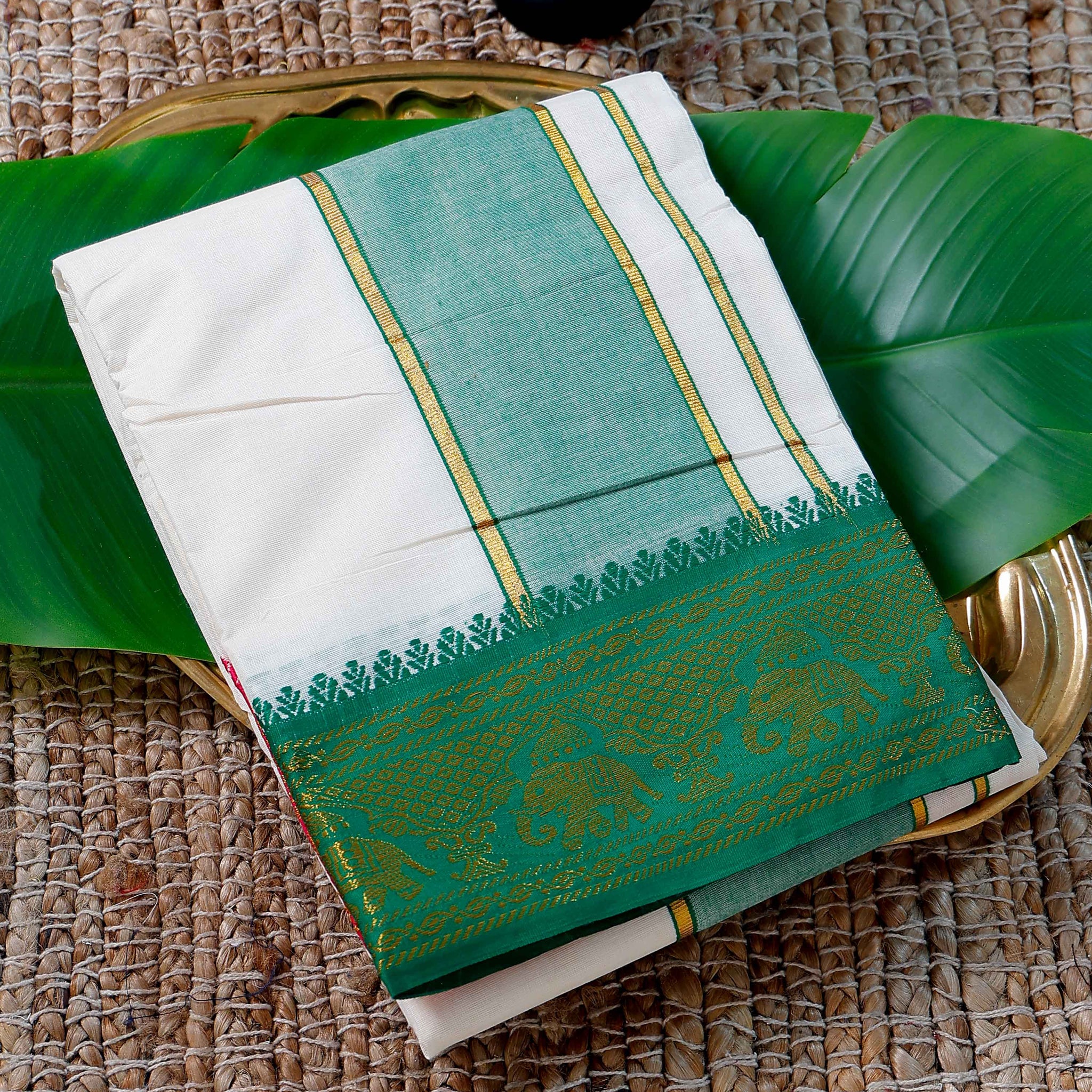 Men’s Cotton Dhoti with Green Colour Border - White